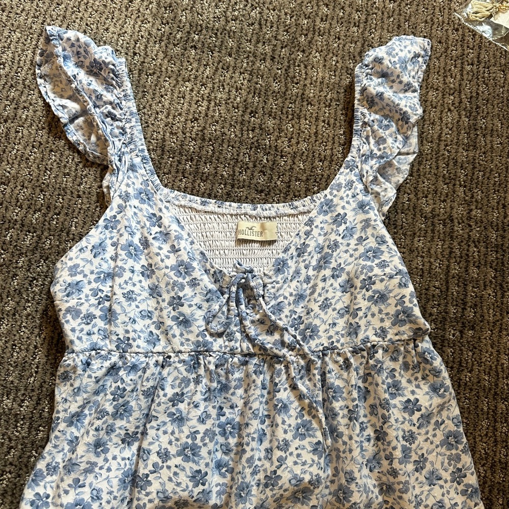 Hollister Blue and White Smocked Top